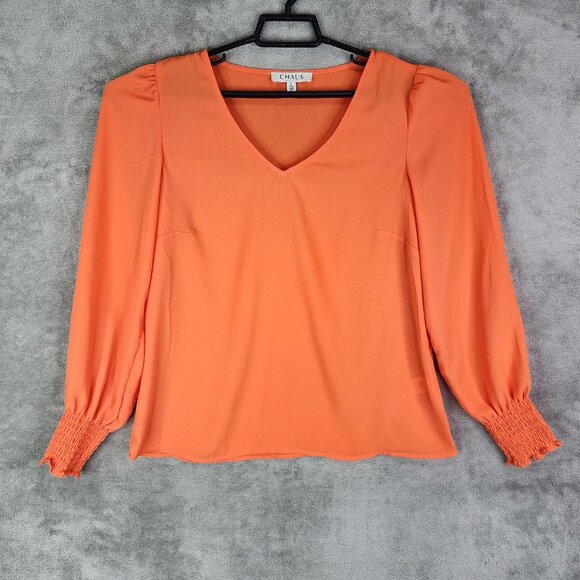 Women's Chaus V-Neck Long Sleeve Blouse Orange 100% Polyester Size S - Picture 2 of 10